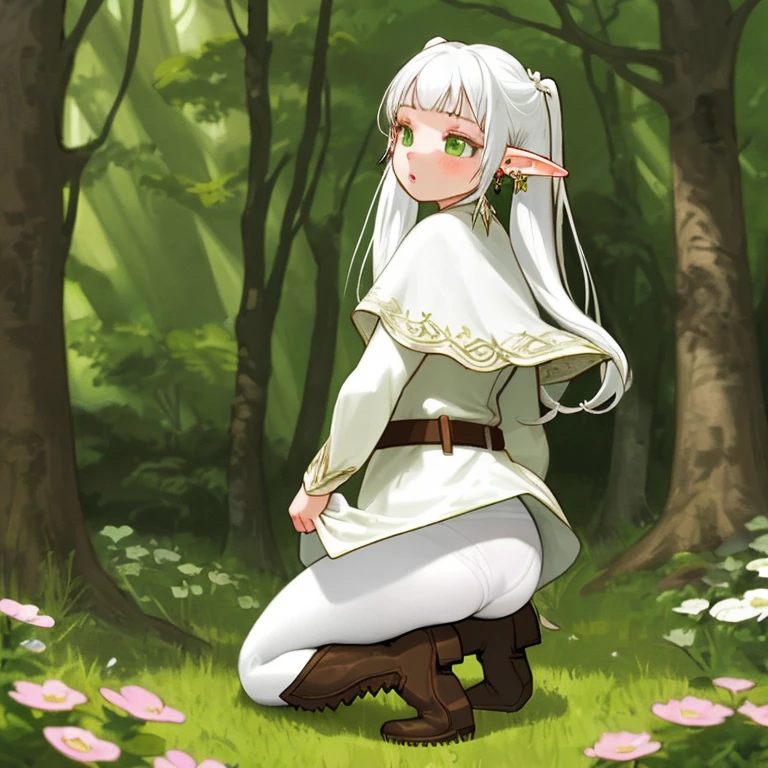 a woman in a dress kneeling on the ground, long hair, blush, bangs, long sleeves, twintails, green eyes, ass, flower, white hair, pantyhose, earrings, boots, outdoors, parted lips, day, pointy ears, belt, white dress, tree, black pantyhose, capelet, brown footwear, knee boots, grass, elf, nature, forest, white capelet, skirt lifting