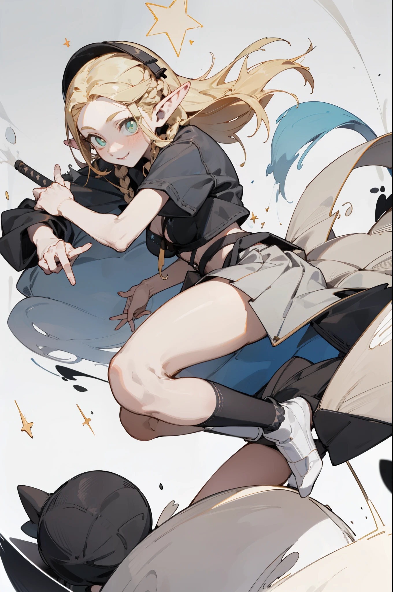 Wearing a black bikini、Wearing a hat and a sword, Wearing headphones,(masterpiece, best quality) detailed,silver accessories , Blonde ,elegant, Pointed ears ,Black shirt,Black pleated skirt,Double tail,Waist-length hair,Smile,Star decoration,Lace Vampire Socks