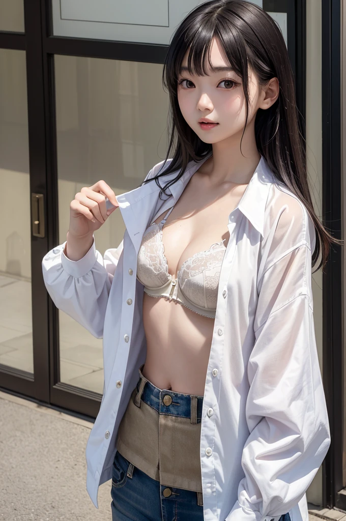 Photorealistic,masterpiece, best quality,ultra-detailed ,japanese tween girl,cute,((open her shirt and shows her bra)),She takes great pleasure in showing off her bra to viewer,latest fashion,Black hair,small breast,very happy,outdoor,Hakata,Japan,