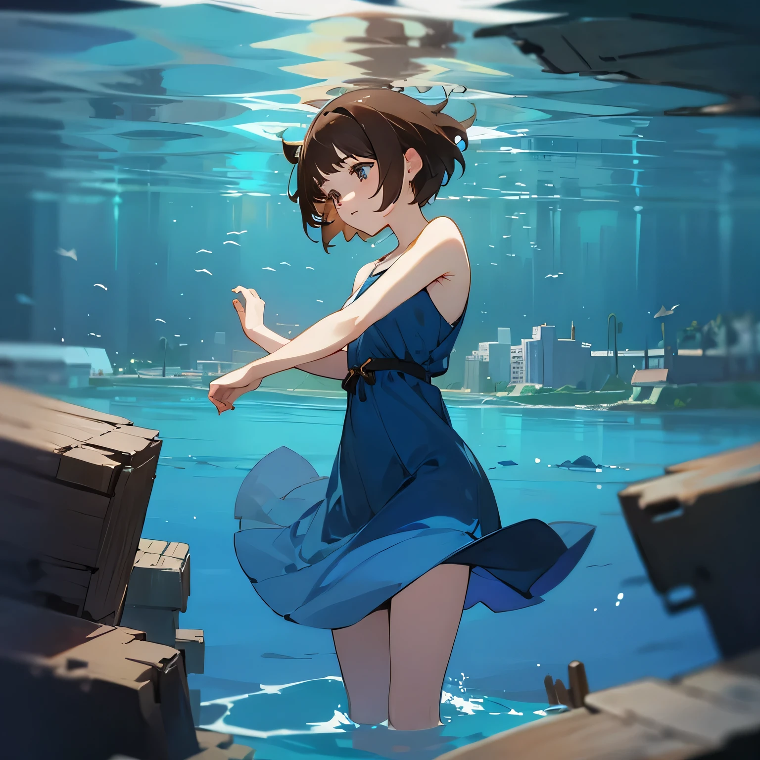 girl、Brown Hair、short hair、Blue Dress、A city sunk in the sea、Swimming in the ocean