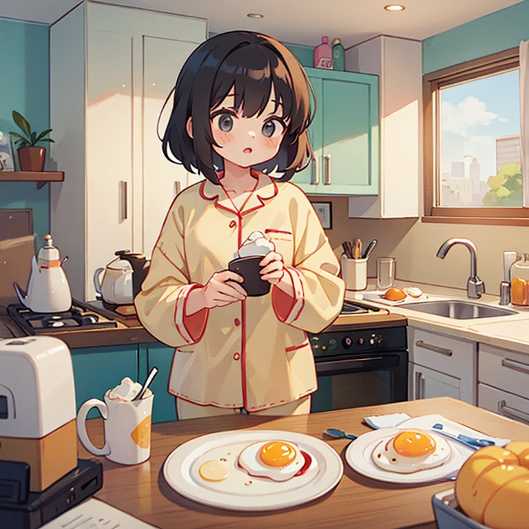 A girl making fried eggs in an apartment and a girl in pajamas