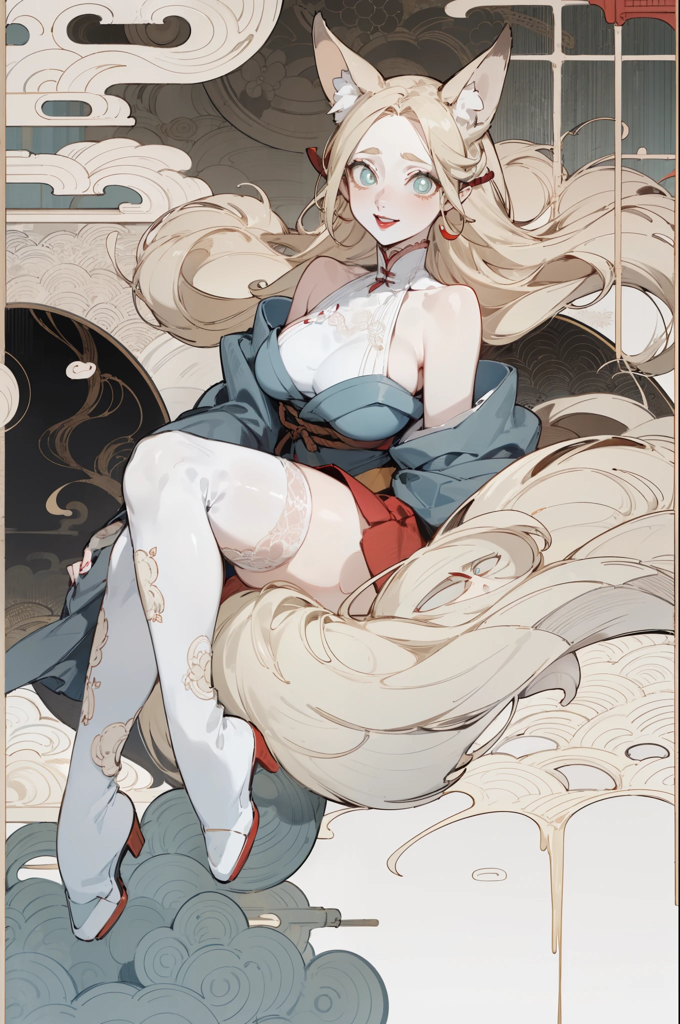 White skin, (Fox ears), Exquisite eyes,Red Eyeshadow, Red lips,White shorts,Fake laugh, Ukiyo-e, masterpiece, high quality, at the lowest limit, Tiny,White boots,Huge breasts,Bare shoulders,,Lace