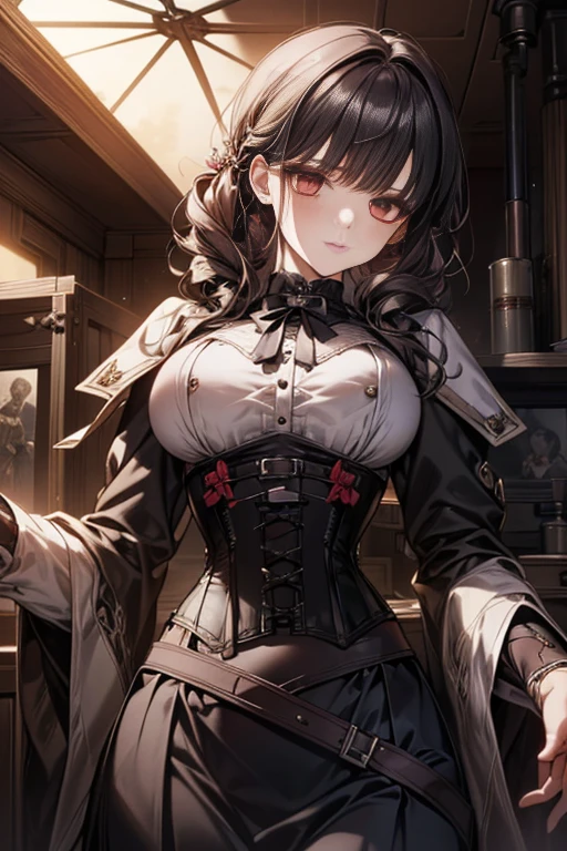 (((masterpiece)))、((highest quality))、(Super detailed)、(CG illustration)、(so beautiful ))、cinematic light、(((1 Mechanical Girl)))、 SF、Apocalypse、erotic grotesque、Research Institutes(beautiful and luxurious:1.2)、(1 girl:1.3)、facing the front, (double breasted,under bust:1.2), gap between buttons,(((corset belt))),(((high waist skirt,)))