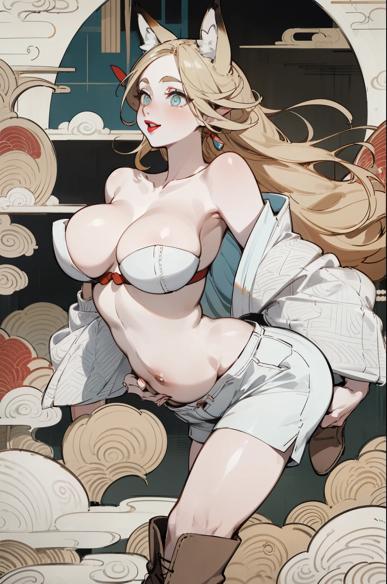 White skin, (Fox ears), Exquisite eyes,Red Eyeshadow, Red lips，White shorts,Fake laugh, Ukiyo-e, masterpiece, high quality, at the lowest limit, Tiny,White boots，Huge breasts，Exposing shoulders and belly button