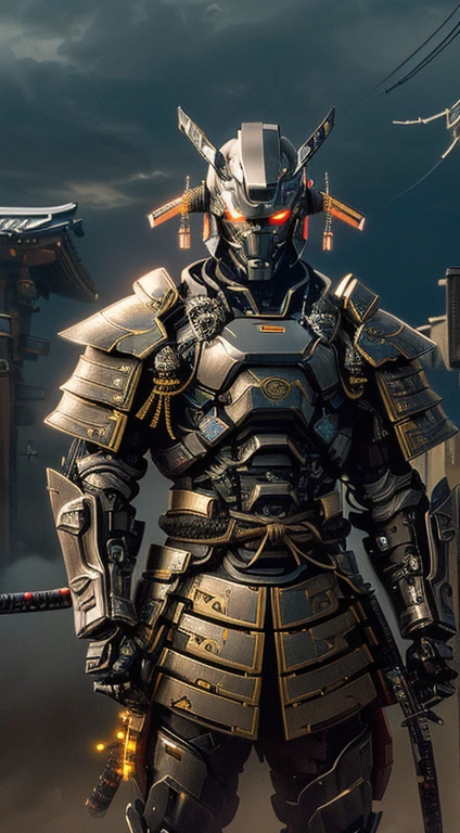 wide shot,background clouds, CyberRonin, (Cyber-Samurai:1.2),no words,serene atmosphere,detailed armor,technological katana,glowing eyes,artificial intelligence,high-res rendering,cool tones,subtle lighting