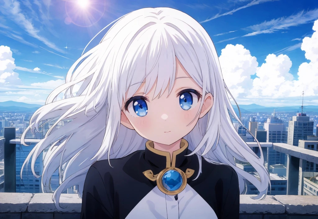 Absurd, High resolution, (Anime Style:1.1), ((Tabletop)), ((highest quality)), (Very detailed), (beautiful), alone, beautiful face、(lift)、The view from the top of a skyscraper close to the atmosphere is lovely.,Wind,((Thin white colorful long hair)),, blue eyes,Lens flare,dramatic,Detailed Ancient City、Windになびくスカート、Clouds looking down、(Don't look here:1.4),((Kingdom Hearts 4)),((Shibuya Ward))1.5,