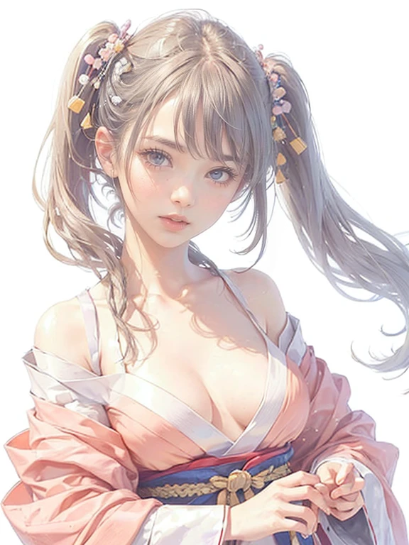 (((1 girl))),masterpiece,highest quality,Realistic,Upper Body,Long Hair,Gray Hair,Skin Texture、Beautiful Japanese Kimono、(band、peach:1.2)、The hem of the hakama is long,Milestone Celebration,White Background、Pink Coat