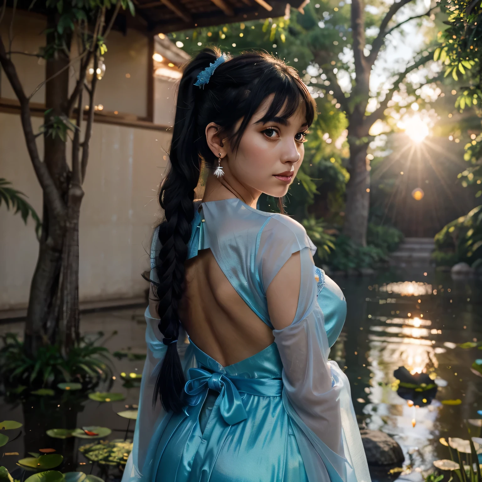 A beautiful hyperreal woman who represents Sailor Moon. Black hair, very big breasts, giant butt, tiny waist. Her face has Japanese anime features. Pigtails: she has long black hair that reaches approximately the middle of his back. Her distinctive hairstyle consists of two high, voluminous pigtails that extend up and out from the top of her head. Bows: At the base of each ponytail, she wears a large bow that keeps her hair in place. Bangs: She has short, blunt bangs that frame her face and curve to the sides. She wears a flowing gown made entirely of iridescent, translucent fabric that shimmers like the surface of a pond at twilight. The material, a blend of ethereal silk and bioluminescent fibers, catches and refracts ambient light, creating a mesmerizing kaleidoscope effect as she moves. The dress shifts in hues from soft lavender to azure blue, mirroring the shifting colors of the sky and the surrounding flora. Delicate, hand-appliquéd motifs of metallic leaves and blossoms adorn the gown, adding dimension and texture. Her makeup is a masterpiece of avant-garde artistry, with holographic pigments that catch the light and create prismatic reflections across her skin. Her eyes are framed by feathery lashes adorned with tiny crystal dewdrops, while her lips shimmer with a gradient of opalescent shades, reminiscent of a sunset over the ocean. As she walks, the gown seems to come alive, emitting a soft glow that illuminates her path. In the fading light of dusk, she becomes a vision of ethereal beauty, a living embodiment of the natural world's magic and wonder. Accessorized with delicate crystal earrings that catch and scatter light like raindrops, she is a goddess of the twilight, commanding attention and admiration wherever she goes.