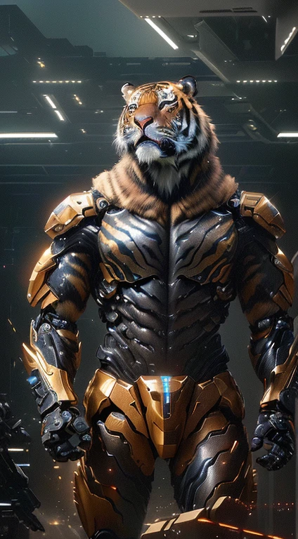 (best quality,ultra-detailed,realistic:1.37),mecha tiger,mechanical beast,ferocious predator,human interaction,majestic fur details,advanced technology,glowing eyes,metallic body movements,sci-fi concept art,action-packed scene,intense lighting,brilliant color scheme,sharp focus,3D rendering,hyperrealistic texture,destructive power,awe-inspiring landscape.