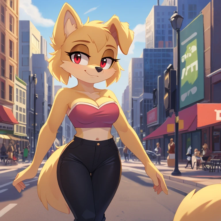 mobian female (golden retriever), ((masterpiece)), cute, attractive, ( wearing a strapless crop top:1.3), (wearing a black pants:1.5), medium breasts, cleavage, (correct proportions), (royal golden body fur:1.5), ( golden belly fur:1.1), (hair (royal golden color)):1.5, medium fluffy hair, (crystal red eyes):1.3, (dog tail):1.2, (dog ears):1.2, (city:1.5)