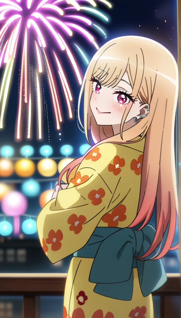 1girl, kitagawa marin, sono bisque doll wa koi wo suru, yukata, fireworks, festival , masterpiece, best quality, very aesthetic, absurdres, anime artwork, anime style, key visual, vibrant, studio anime, highly detailed