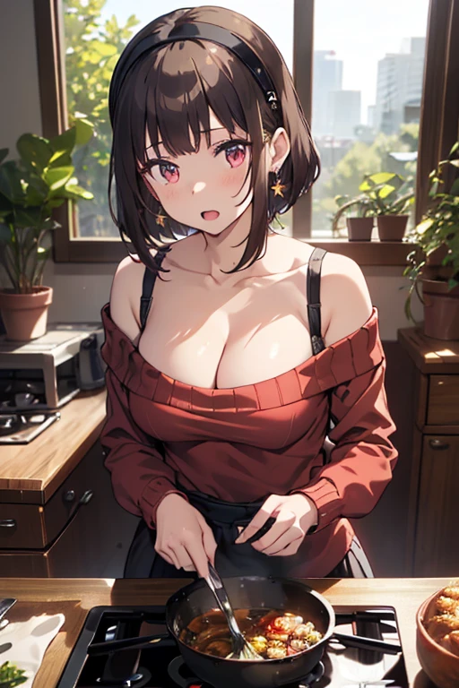 masterpiece, yor, 1girl, Amazing Cleavage:1.3, thin waist, big ass, Raised sexy, medium breast: 1.0 posed cleavage:1.2、solo, looking at viewer, open mouth, have a cute grass of cute beergrass,black hair, red eyes, dress, bare shoulders, jewelry, collarbone, sidelocks, hairband, earrings, indoors, off shoulder, :o, sweater, arms behind back, plant, short hair with long locks, white hairband, off-shoulder dress, sweater dress, off-shoulder sweater, red sweater, big side hair, very long side hair,is rendered in (masterpiece: 1.2, best quality), with (ultra high resolution) and an exquisite (depth of field). This masterpiece is not only visually stunning but also tells,A scene of cooking in the kitchen, (looking down on the audience:1.3)