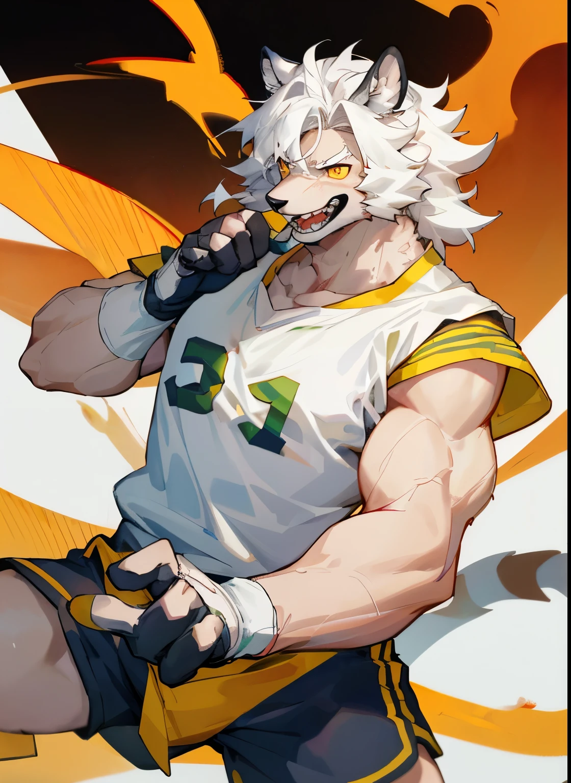 Reference table: 1.2),, muscle发达, Yellow eyes, White hair playing football, White body, sleeveless jacket, t-shirt, Dress neatly, Ultra-clear screen, Soft lines，solitary，hairy的，White Tiger，Fantasy Creatures，hairy，muscle，Male focus，Golden sclera, Tiger tail, color mania，Highlight the details, 4K, empty, Five fingers,Meat pad paws，solitary, White shirt, Smile, open mouth, Gloves, Football white socks，shorts，Football team jersey，sweat，Stadium Background,  boy，Pure sunshine