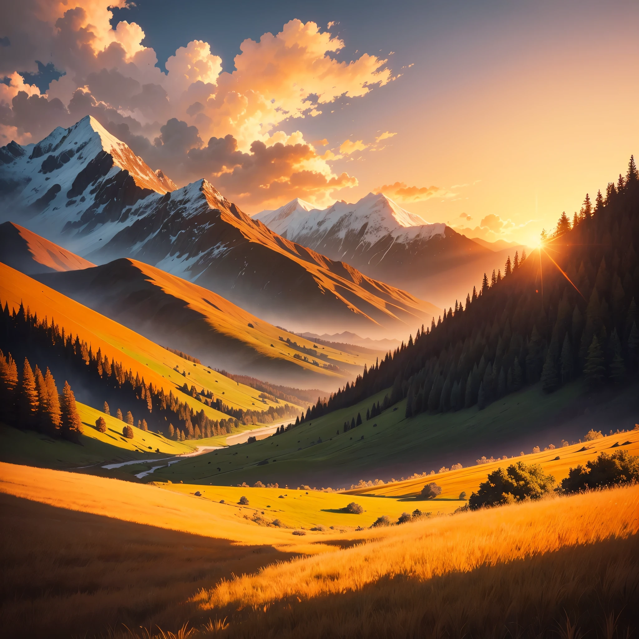 Mountains，grassland，cloud，orange sunset，painting