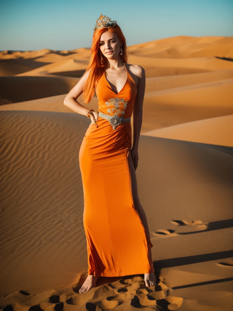 masterpiece, best quality, solo, 1girl, orange hair, blue hair, :D, orange dress, looking at viewer, outdoors, sand, sand dunes, huge castle, crown, standing, full body, cowboy shot, hands on hips, 