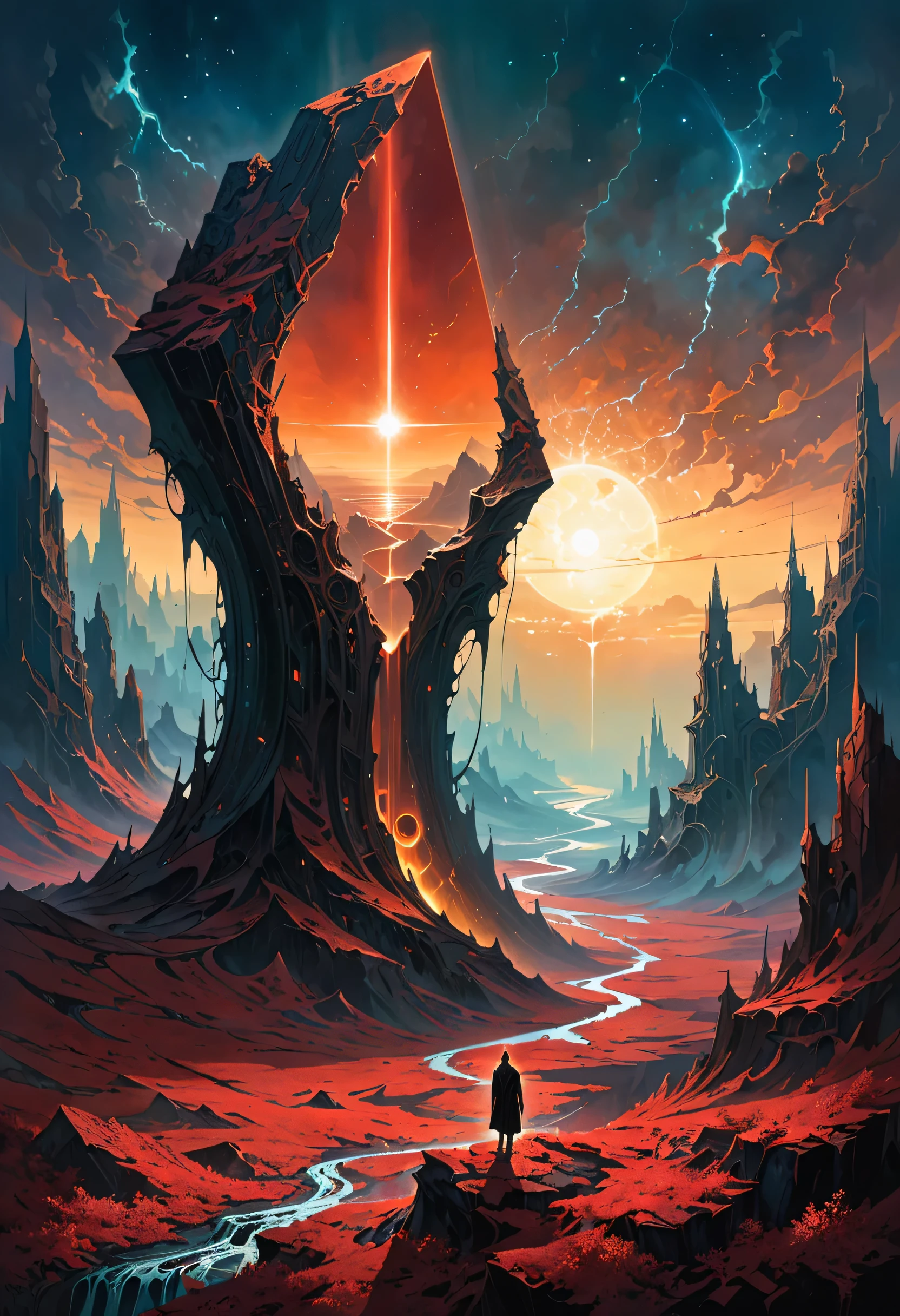 Aaron Horkey's painting depicting，Mysterious Landscape Photography,Luminous oil painting style，Incredible futuristic images appear on the Miracle Stone，mystery book cover art, suspenseful, shadowy, atmospheric, dark colors "visualize a desolate expanse where a spectral landscape unfolds from an ambient haze, as if the very fabric of reality has been drained of color and vitality. a crystalline monolith, bereft of any visible pulse or energy, rises from the barren terrain like a shard of forgotten knowledge, casting an eerie glow across the featureless surroundings. the artwork should evoke a sense of disquieting detachment, where the boundaries between nothingness and existential despair blur, leaving the viewer suspended in a state of numb indifference."red,dark red color palette