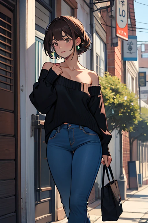 Mujer, Brown hair, hair lengthed, liston rojo, ojos verdes, Black sweater without shoulders, blue pants