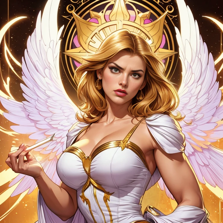 (best quality:1.2,comics art:1.1,vivid colors,beautiful vintage angel warrior woman with big wings),((white dress with gold embroid details)),little breasts, determined angry face expression,(((corpo de frente para o observador))), (((empunhando uma espada))), alphonse mucha style,Intricate flowery background,vivid colors,soft lighting)