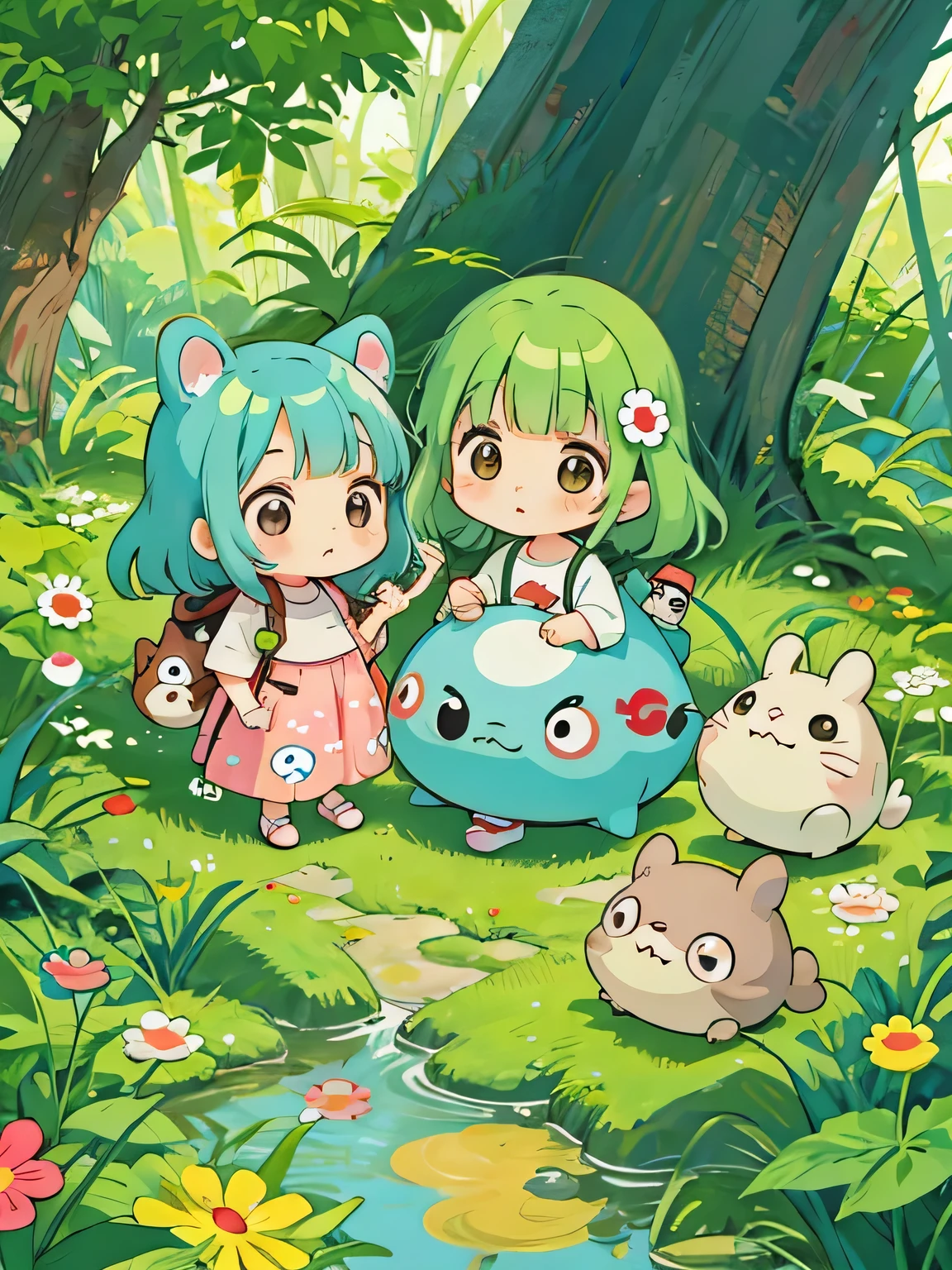 Takashi Murakami style, Kawaii Design, The most beautiful girl of all time、Chibi and her mother, play together、Totoro Forest