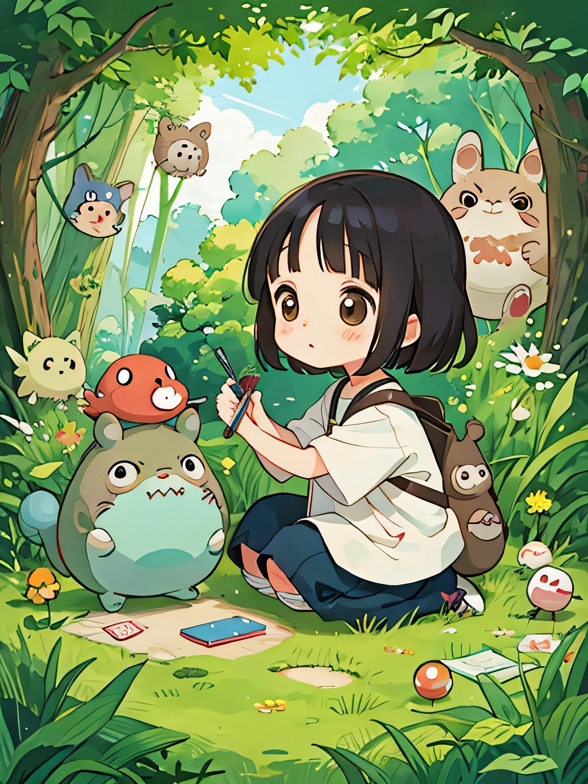Takashi Murakami style, Kawaii Design, The most beautiful girl of all time、Chibi and her mother, play together、Totoro Forest