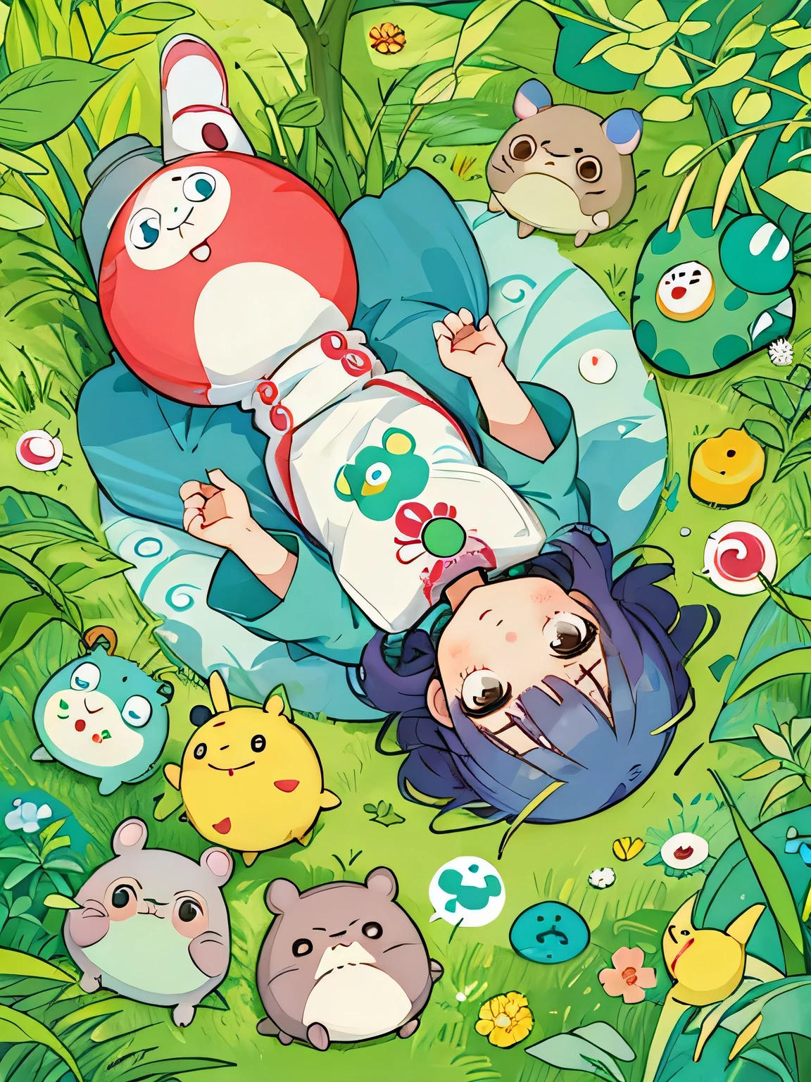 Takashi Murakami style, Kawaii Design, The most beautiful girl of all time、Chibi and her mother, play together、Totoro Forest