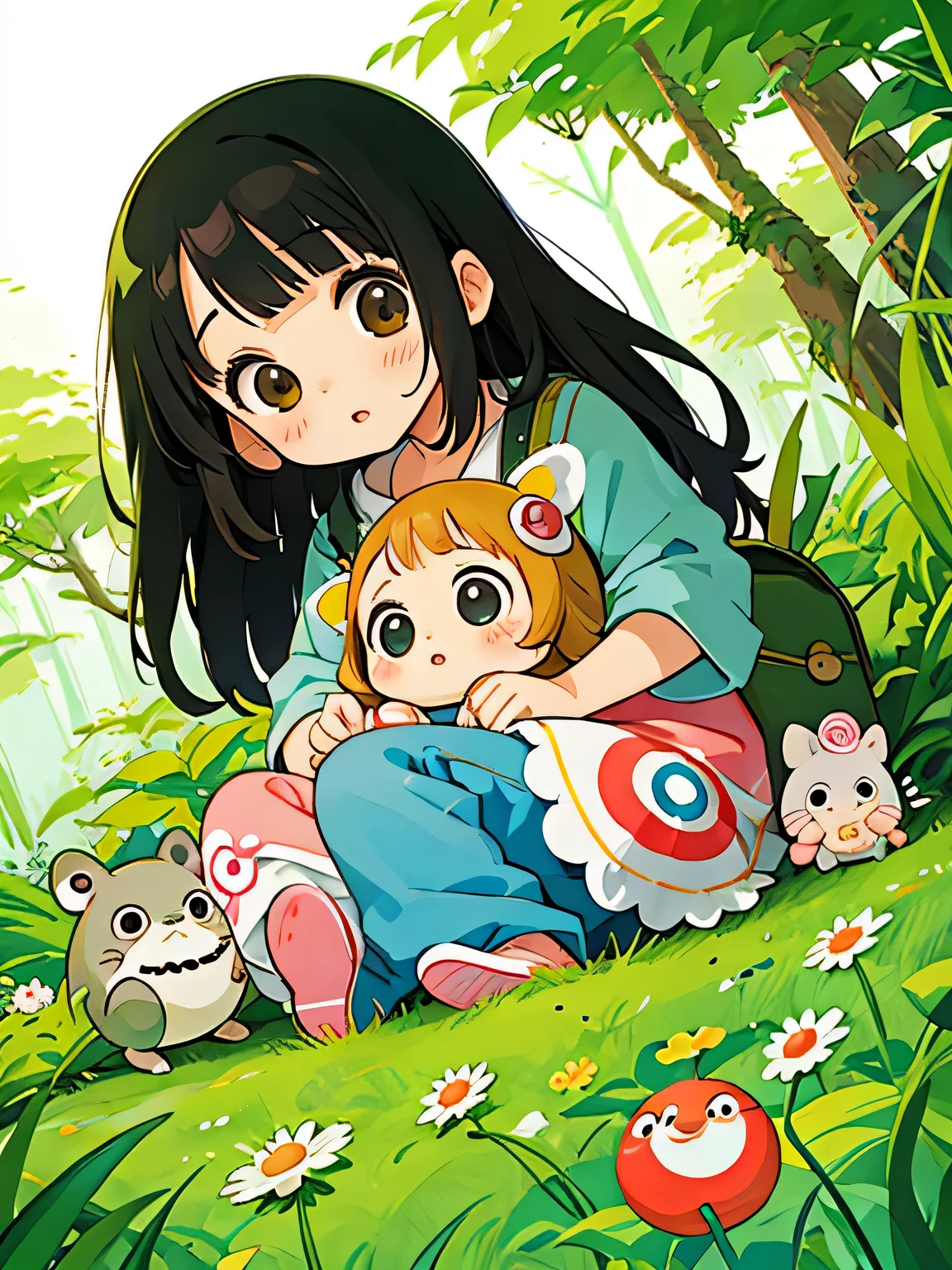 Takashi Murakami style, Kawaii Design, The most beautiful girl of all time、Chibi and her mother, play together、Totoro Forest