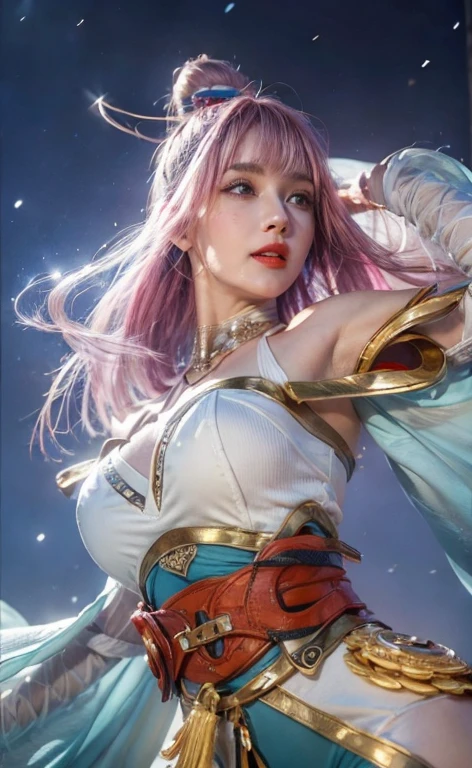 (female:1.2), 8k, ultra hd, ultra detailed texture, hyper realistic, masterpiece, detailed texture, detailed face, detailed skin, detailed lighting, (photorealistic:1.5), best quality, beautiful lighting, cinematic lighting, professional lighting, ultra highres, realistic, detailed hair, real hair, high quality, (realskin:1.5), extremely detailed, finely detail, ultra-detailed, 1girl, solo, v-shaped eyebrow, red lips, parted lips, smile, white skin, nose, pretty, beautiful, cute face, short hair, pink hair, side bangs, large breasts, armpit, navel, stomach, thigh, bare shoulder, depth of field, skin tight, amazing pose, glowing, blurry background, seductive pose