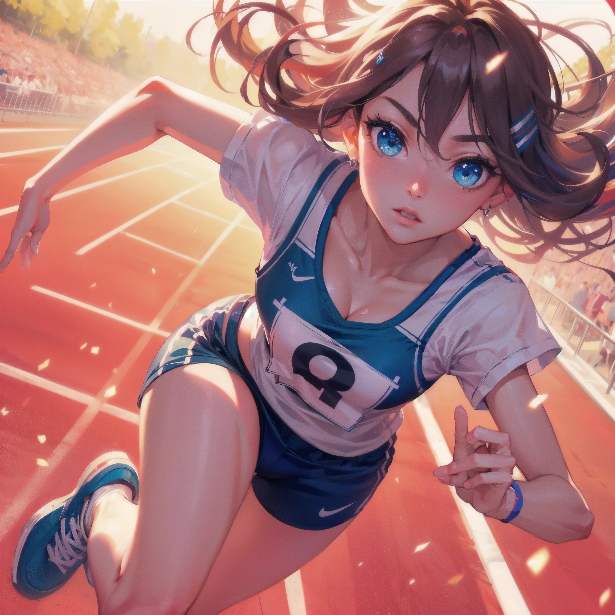 high quality,HD,16k,sharp lines,1 girl,Female track and field athlete ,cute face, large breasts, nice legs,At the track and field,focus girl,detailed beautiful face,detailed clothes,beautiful eyes,cool,dynamic angle