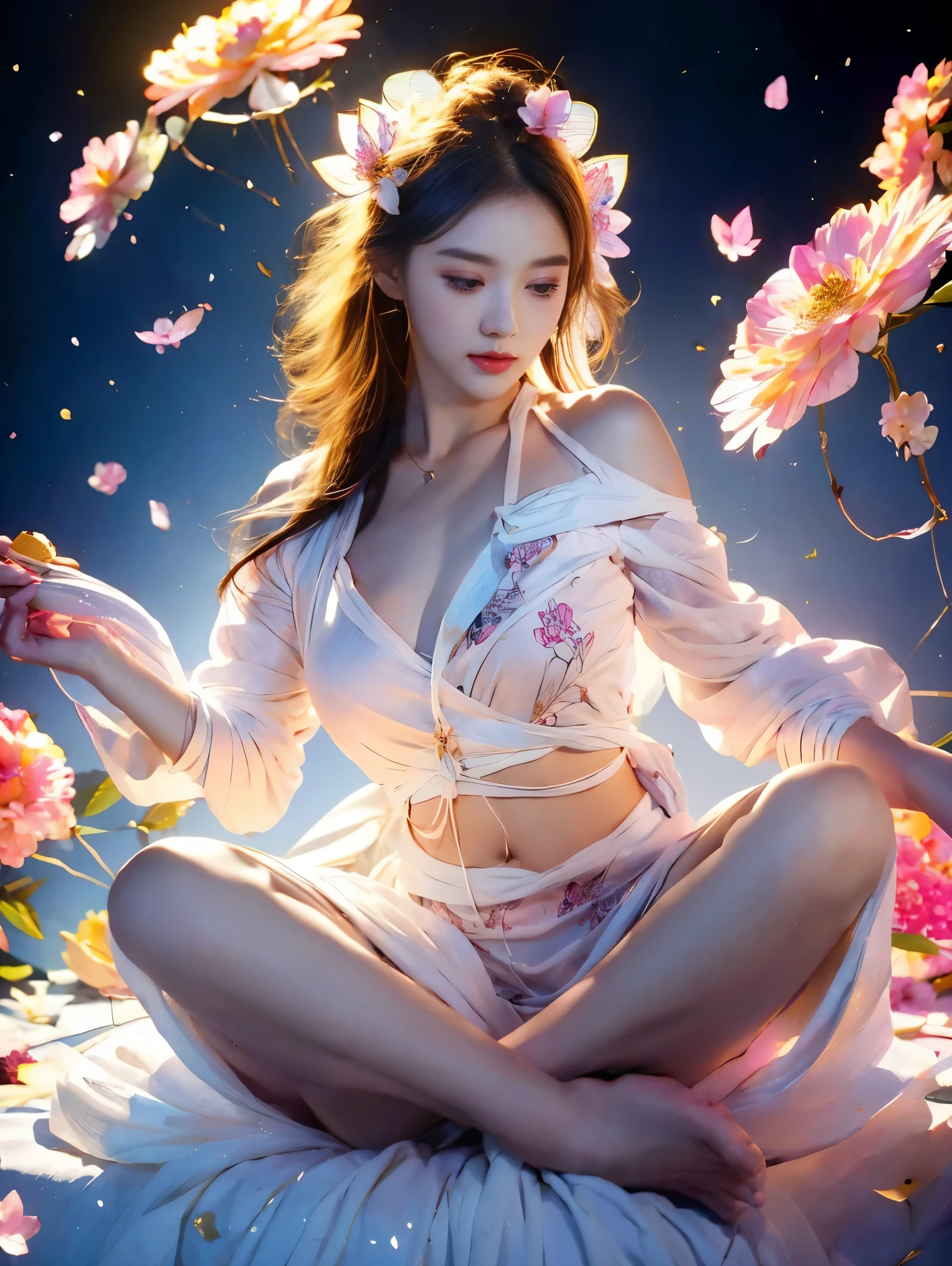 Full body photograph of a girl in lotus position,raw, Shooting, (Be concentrated:1.5), (reality:1.4), dusk lighting, volumetric lighting, ultra high resolution,dramatic lighting, White background,(zentangle,mandala,dispute,Plot), fox demon,Fox mask,bomber jacket, Foxfire Curse, fox family, transformation, depth of field, dream atmosphere, The most beautiful chaos, funny, Dark Brutalist Design Theme., flower of death, Flowers of ecstasy,bright line,Example of glow,Tracking example,flash, Backlight,translucent,light particles, petal girl