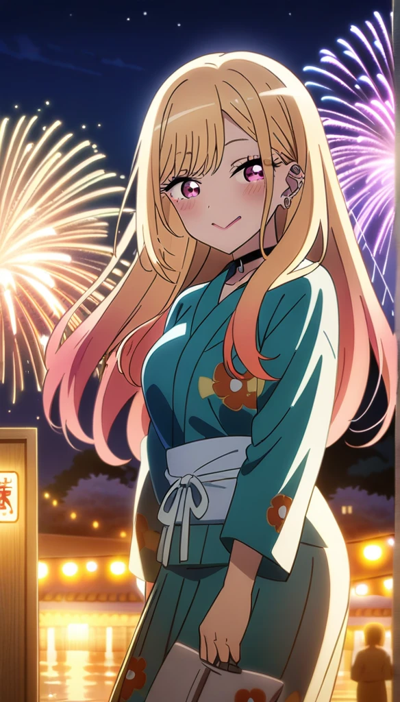 1girl, kitagawa marin, sono bisque doll wa koi wo suru, yukata, fireworks, festival , masterpiece, best quality, very aesthetic, absurdres, anime artwork, anime style, key visual, vibrant, studio anime, highly detailed