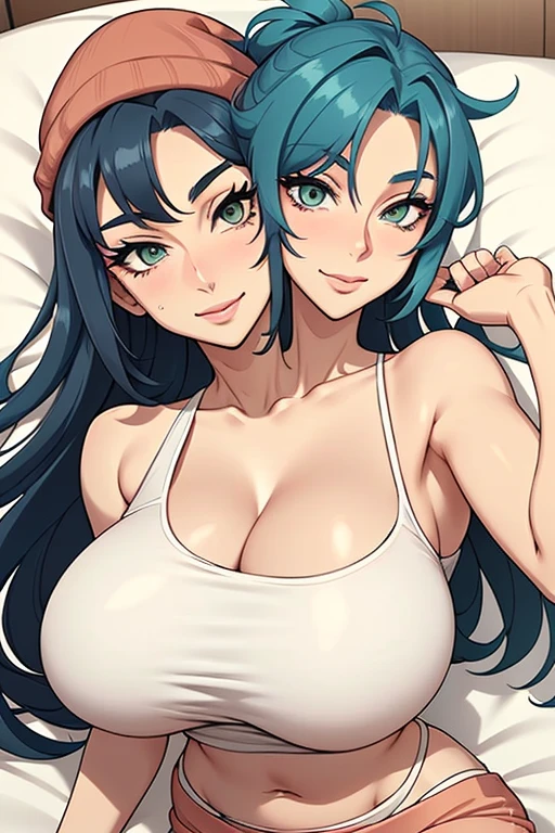 2 heads, a tall thin woman with 2 heads. Massive breasts. In a bedroom. Laying down on back. Wearing tight tank top and sweatpants. Wearing a beanie hat. Neon hair. Young. Happy, smiling. Thin face. Sexy, seductive. Sexy tall slim body. Enormous tits. Big lips. Adorable. Girlfriend. Happy. Extremely giant breasts.
