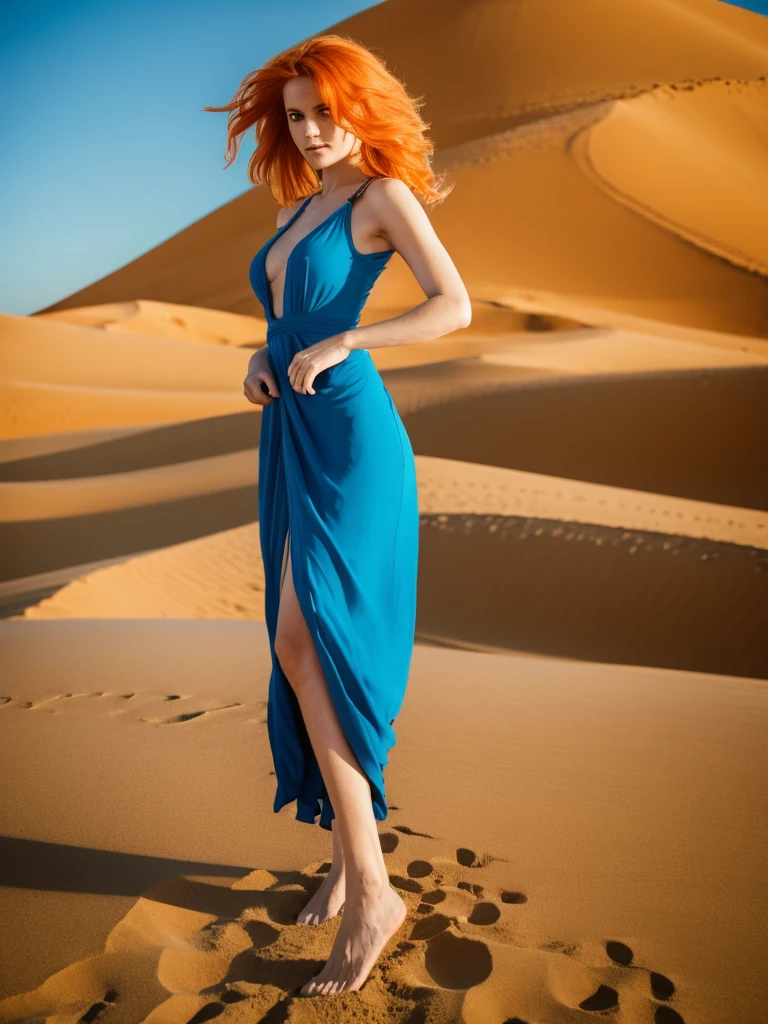 masterpiece, best quality, solo, 1girl, orange hair, blue hair, :D, orange dress, looking at viewer, outdoors, sand, sand dunes, huge castle, crown, standing, full body, cowboy shot, hands on hips, 