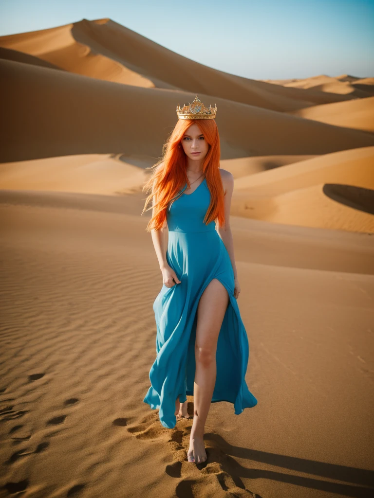 masterpiece, best quality, solo, 1girl, orange hair, blue hair, :D, orange dress, looking at viewer, outdoors, sand, sand dunes, huge castle, crown, standing, full body, cowboy shot, hands on hips,