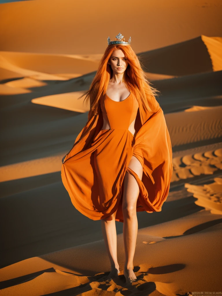 masterpiece, best quality, solo, 1girl, orange hair, blue hair, :D, orange dress, looking at viewer, outdoors, sand, sand dunes, huge castle, crown, standing, full body, cowboy shot, hands on hips,