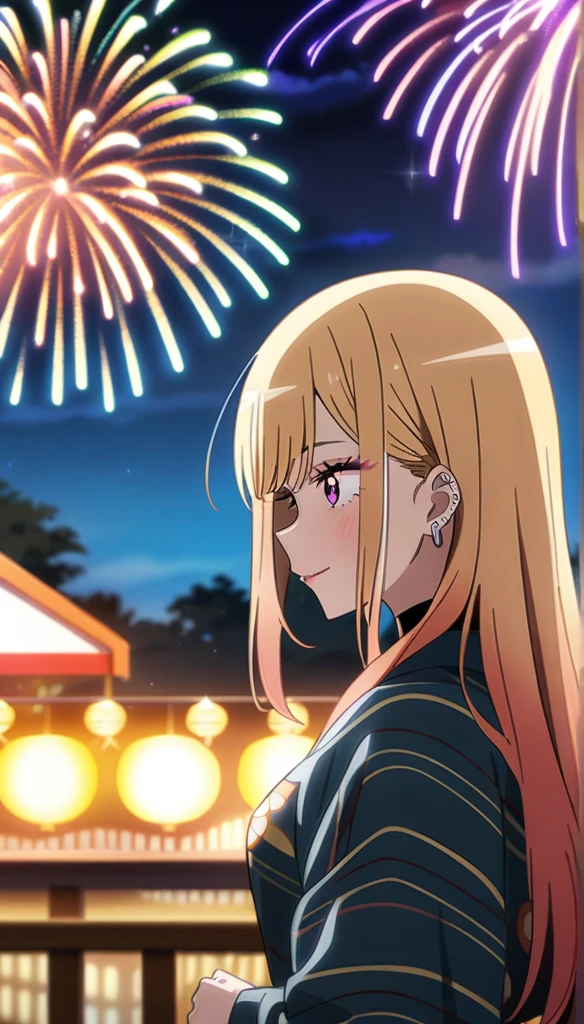 1girl, kitagawa marin, sono bisque doll wa koi wo suru, yukata, fireworks, festival , masterpiece, best quality, very aesthetic, absurdres, anime artwork, anime style, key visual, vibrant, studio anime, highly detailed