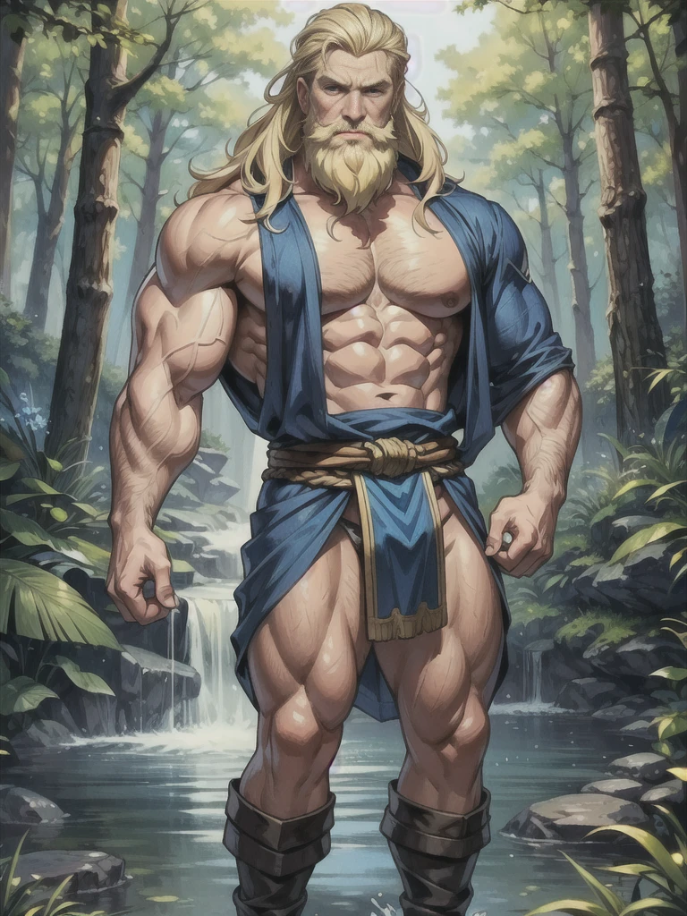 (best quality), masterpiece, ultra-detailed, old guy, beard, muscular physique,full body portrait,blonde hair, intense blue eyes, stream, forest, hairly chest, loincloth