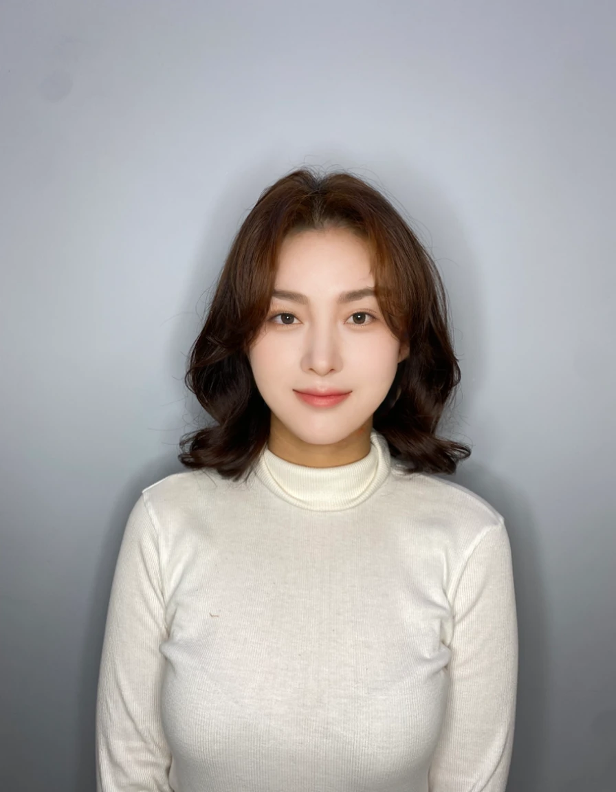 Best Quality, 8k resolution, Canon camera, Masterpiece, (Portrait: 1.3), (photo realistic:1.4), (hyper realistic:1.4), Sharp Focus, looking at viewer, (smoother lighting:1.1), (increase cinematic lighting quality:0.9), in the style of futuristic glam, emphasizing clear and realistic eye details, realistic lighting, backlighting, light on face, ray trace, (brightening light:1.2), (Increase quality:1.4), sharp detail, (best quality real texture skin:1.4), finely detailed eyes, black_eyes, finely detailed face, 25 year old Korean woman