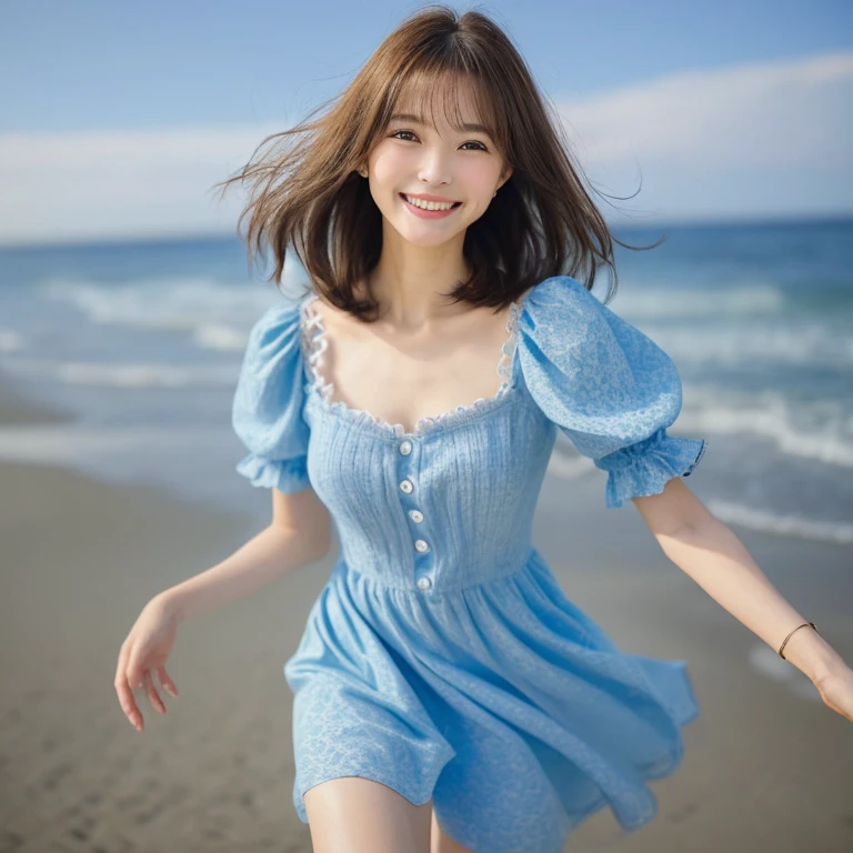 Photo-realistic quality、A woman in her fifties walking on the beach with her arms outstretched, ,Smiling Kindly, She is wearing a light blue summer dress, Cute young woman,  soft and gentle expression, Beautiful face with arms and legs, Beautiful Japanese Women, Medium long hair、Brunette Hair、looking at the camera、Detailed and beautiful eyes、smile