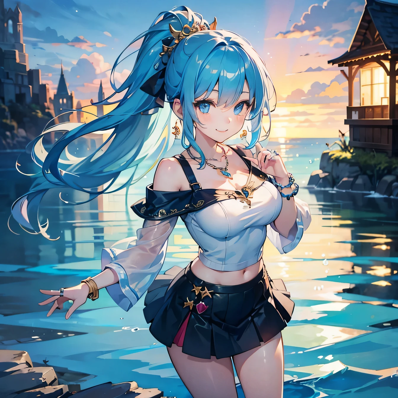 Anime Moe Art Style,Highest quality,High resolution,Anatomically correct,One Girl,Mid-teens,Girl with light blue hair in a ponytail,Very detailed,Fantasy-style world,Off-the-shoulder tops,mini skirt,Big Breasts,Rich expressiveness,smile,cave,Hold the dagger,Detailed drawn eyes,hair ornaments,necklace,bracelet,8k