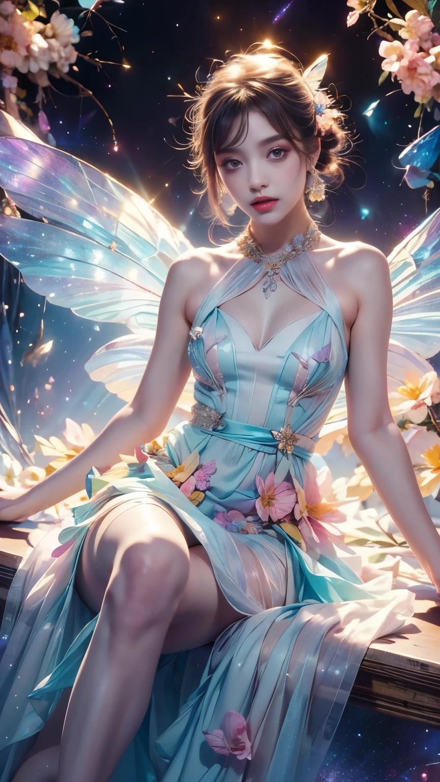 4k ultra high definition, masterpiece, A girl, good face, Delicate eyes, Delicate lips, Flower fairy girl, Big Wings, Transparent wings, Neon, (Galaxy Background:1.5), (Floral Dress:1.5), (green dress), in heaven, sitting,