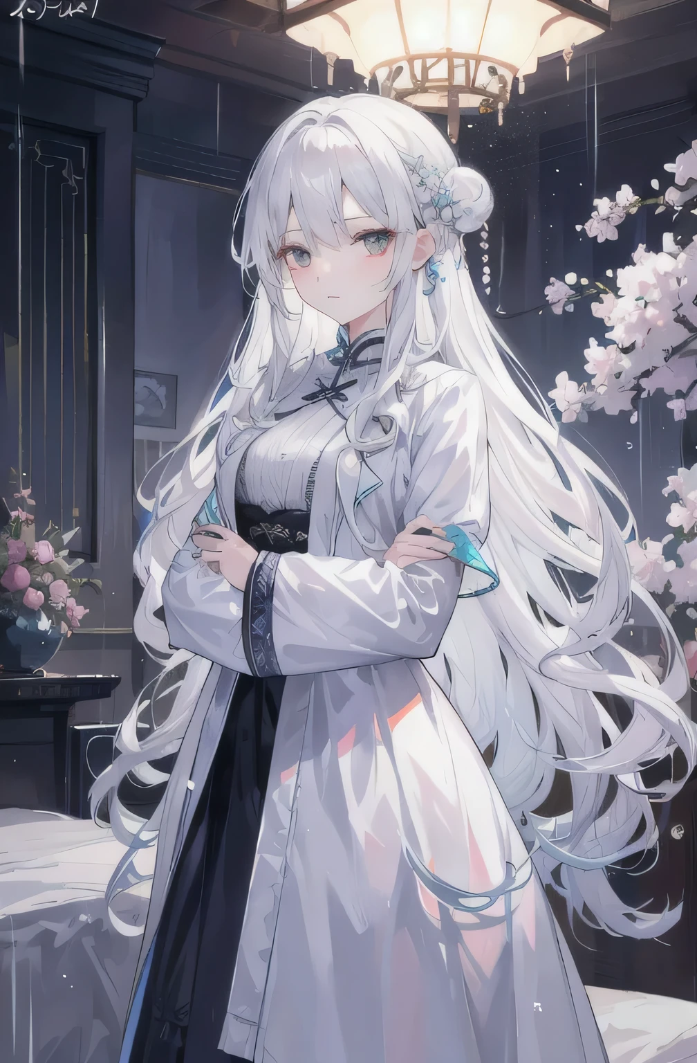 (Fragrant Rain,Woman at night)Silver coat,Delicate and soft,Double hand pockets,Looking at the camera sadly,bedroom,Unique temperament。