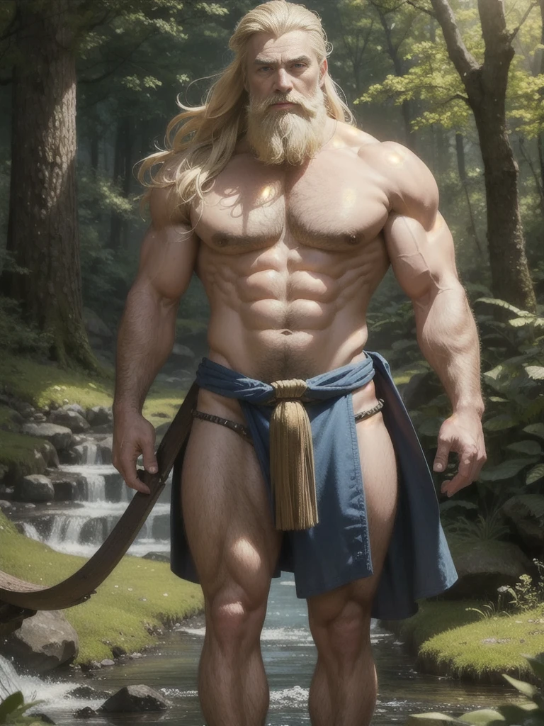 (best quality), masterpiece, ultra-detailed, old guy, beard, muscular physique,full body portrait,blonde hair, intense blue eyes, stream, forest, hairly chest, loincloth