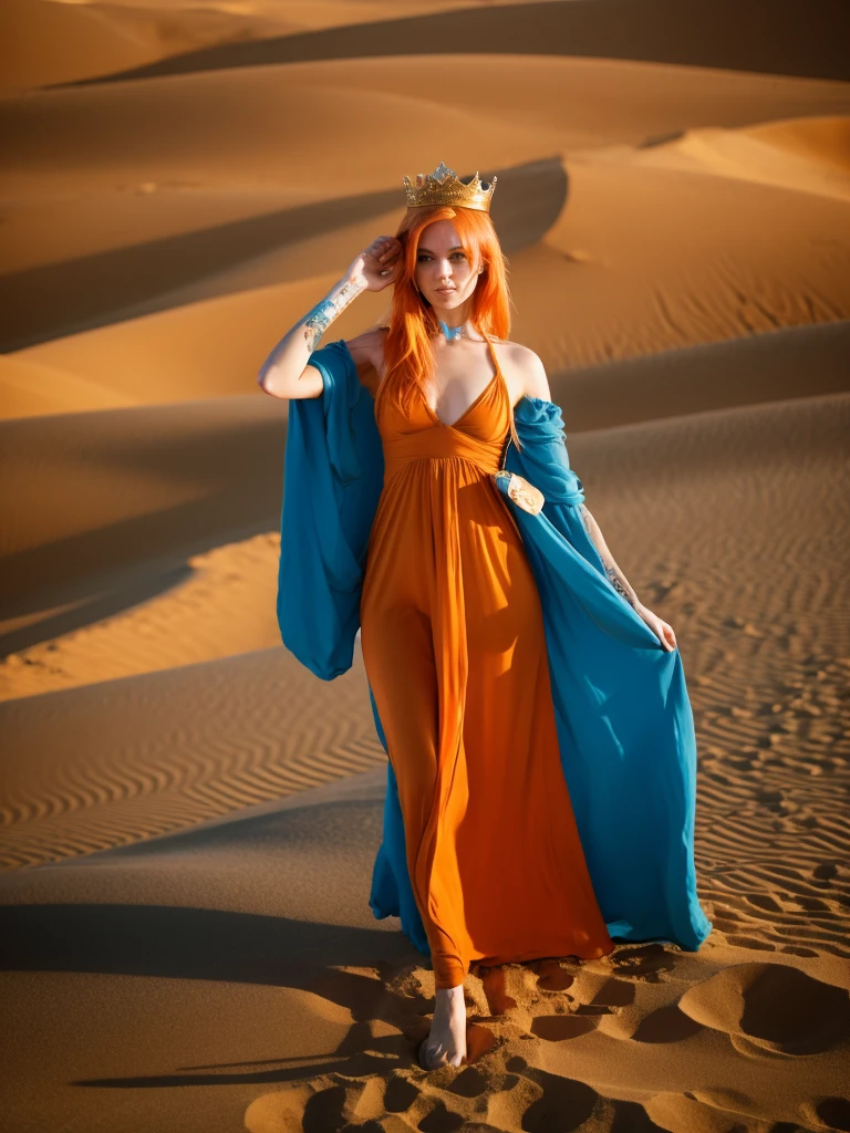 masterpiece, best quality, solo, 1girl, orange hair, blue hair, :D, orange dress, looking at viewer, outdoors, sand, sand dunes, huge castle, crown, standing, full body, cowboy shot, hands on hips,