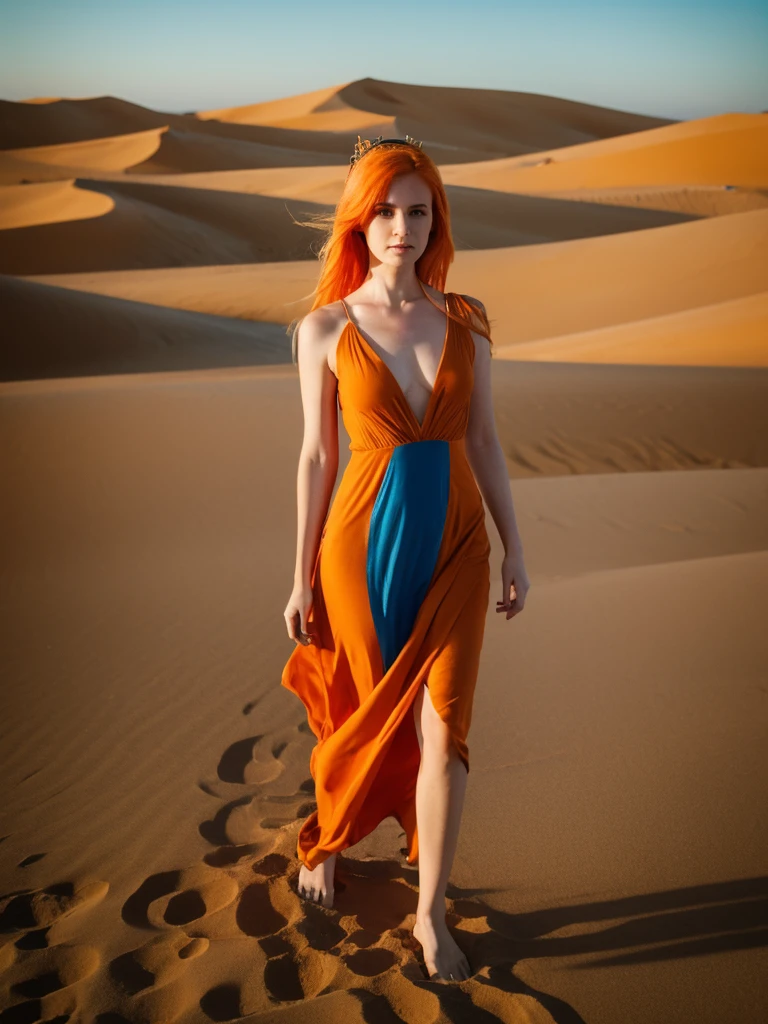 masterpiece, best quality, solo, 1girl, orange hair, blue hair, :D, orange dress, looking at viewer, outdoors, sand, sand dunes, huge castle, crown, standing, full body, cowboy shot, hands on hips,