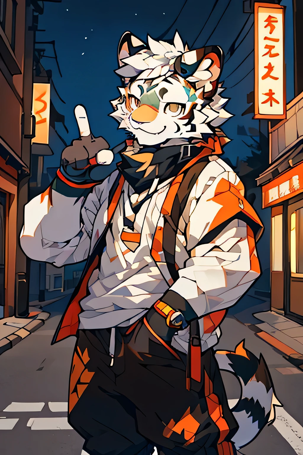 Solitary, male, White Tiger, (Komono,hairy, anthropology), Top quality,Best quality,Rozmin trip,Vector Art, , Niji, round,Break,street,(Boy Black FigureWhite Tiger:1.2), Warm smile,Flashing friendly peace sign,Ultra-detailed illustrations,Solitary person,Night,Dark Street
