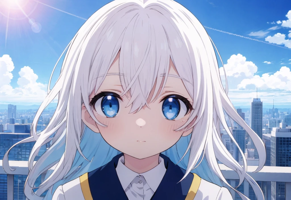 Absurd, High resolution, (Anime Style:1.1), ((Tabletop)), ((highest quality)), (Very detailed), (beautiful), alone, beautiful face、(lift)、The view from the top of a skyscraper close to the atmosphere is lovely.,Wind,((Thin white colorful long hair)),, blue eyes,Lens flare,dramatic,Detailed Ancient City、Windになびくスカート、Clouds looking down、(Don&#39;t look here:1.4),((Kingdom Hearts 4)),((Shibuya Ward))1.5,full body,