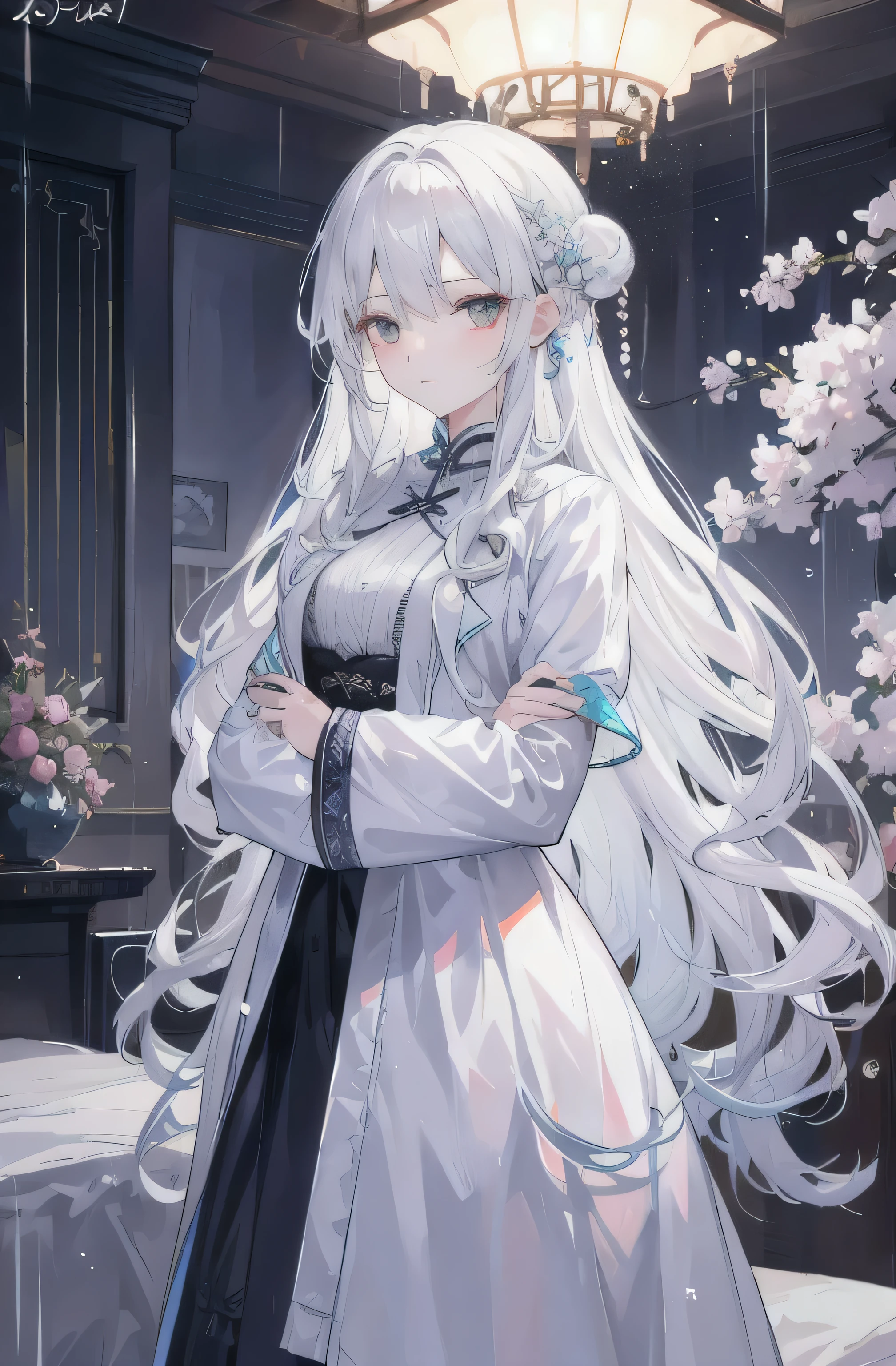 (Fragrant Rain,Woman at night)Silver coat,Delicate and soft,Double hand pockets,Looking at the camera sadly,bedroom,Unique temperament。
