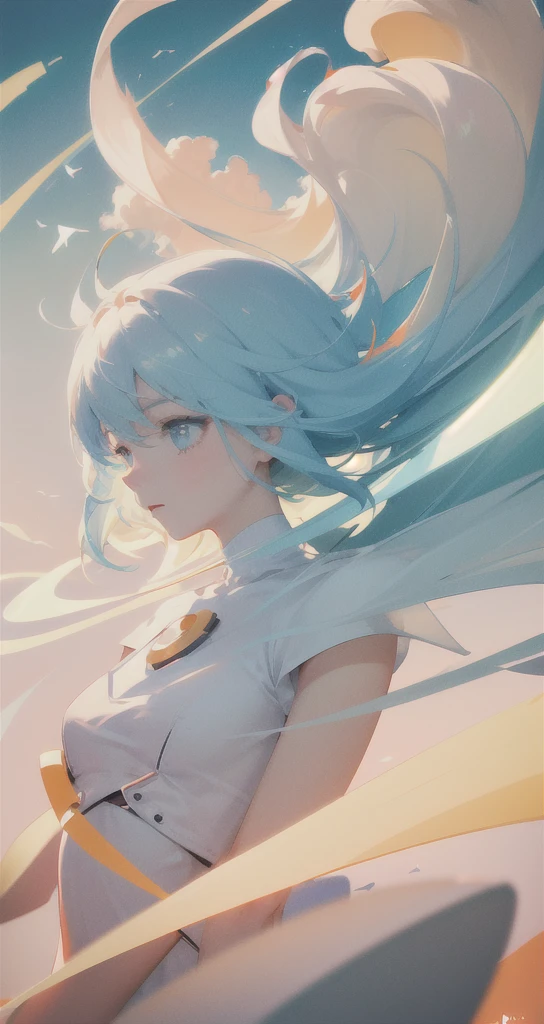 masterpiece, best quality, movie still, 1girl, floating in the sky, cloud girl, cloud, (close-up:1.1), bright, happy, fun, soft lighting, (Bauhaus, shapes, lines, abstract:1.1)