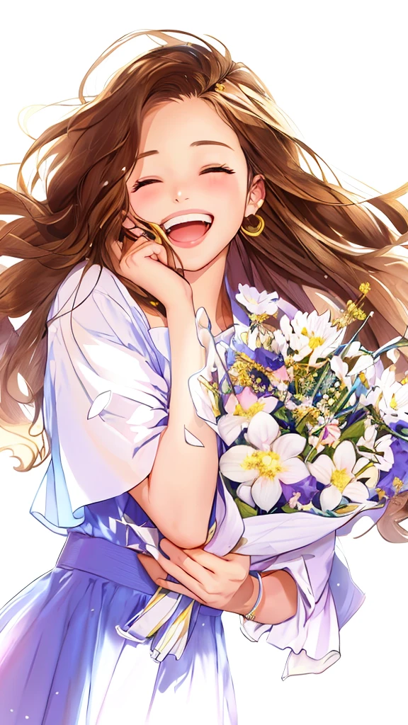 Anime girl with flowers in her hands,With a smile on his face, with flowers, Guviz, she expressing joy, beautiful and smiling, laughing sweetly, Lovely smile, with a beautifull smile, Middle metaverse, by Yang J, Happy and cheerful look, and she smiling,Very happy, Guviz-style artwork, brown hair and white shirt,