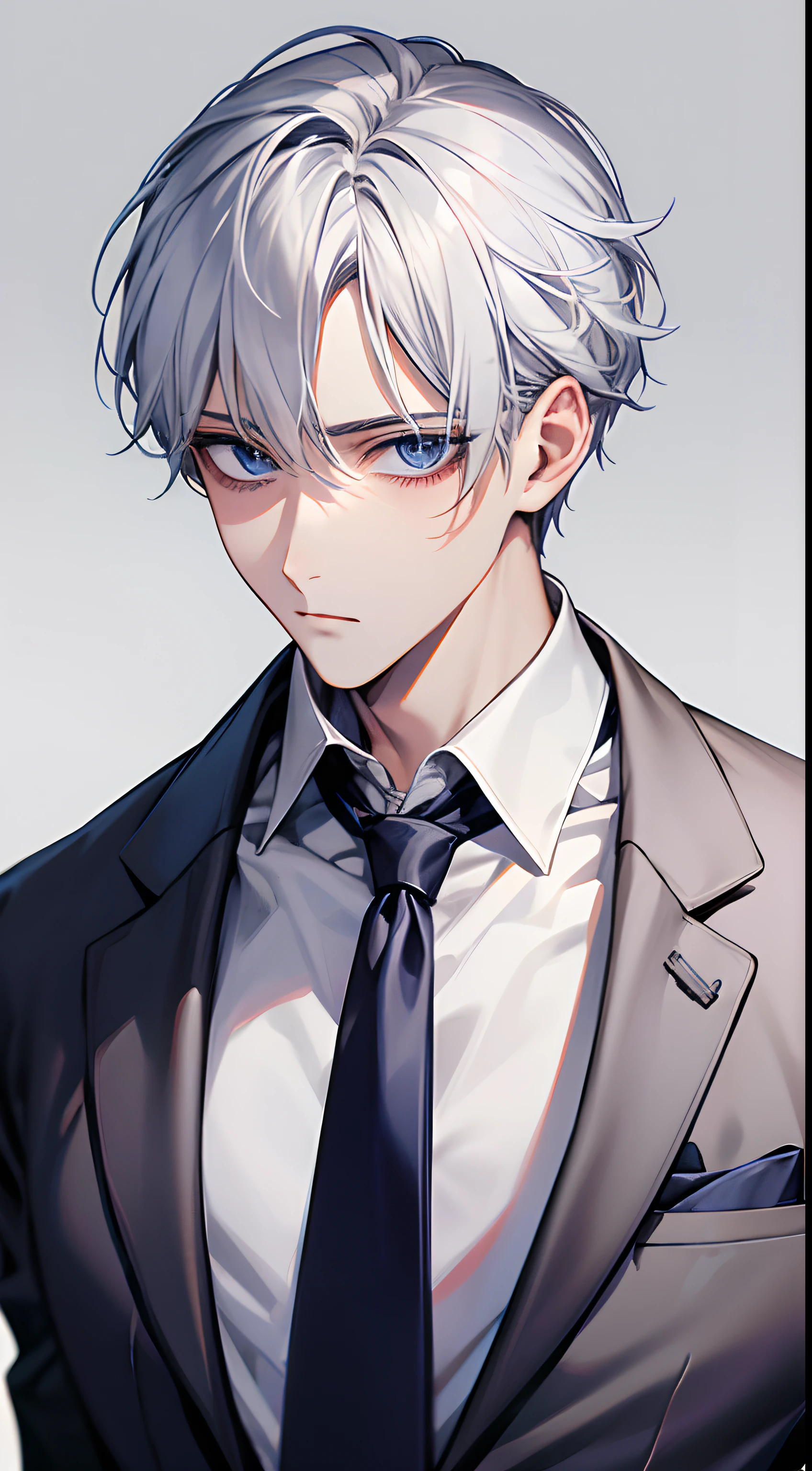 1 person, Face Focus, [[[high school ]]], Blazer uniform, Jacket, White shirt, tie, pants, frontage, highest quality, adopt, Detailed face, Simple Background、White background、[[[Grey Hair]]]、[[[blue eyes]]]、Confident expression、Upper body